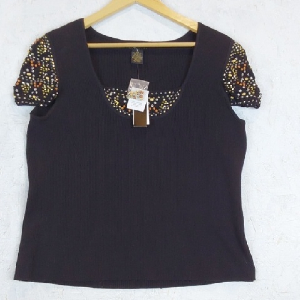 Grace Elements |Embellished Black Ribbed Stretch Sequin Top Elegant Mod Sz.XL